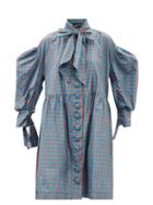 Elzinga - Exaggerated-bow Checked-silk Babydoll Dress - Womens - Blue Multi