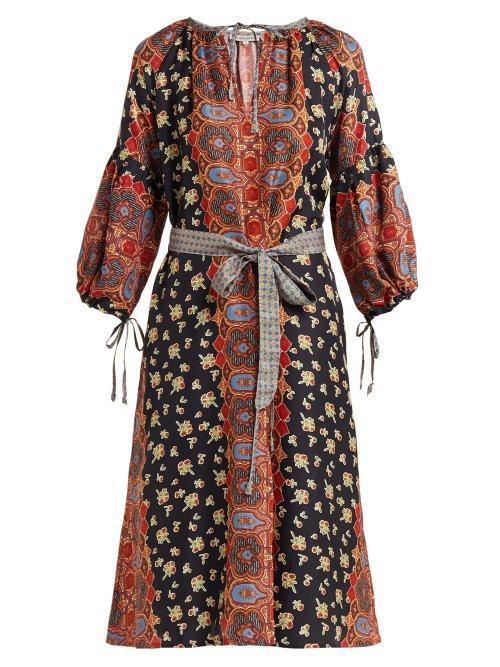 Matchesfashion.com D'ascoli - Misha Floral Print Balloon Sleeve Silk Dress - Womens - Black Print