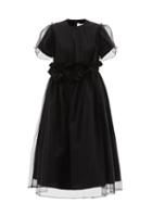 Matchesfashion.com Noir Kei Ninomiya - Tulle-overlay Cotton Midi Dress - Womens - Black
