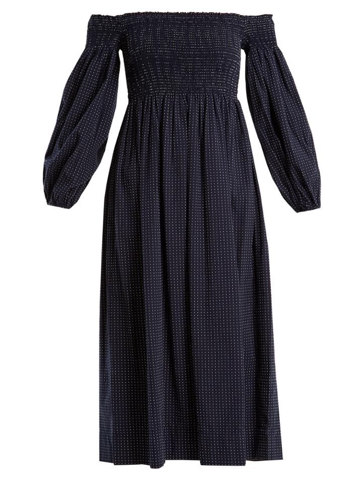 The Great The Bishop Off-the-shoulder Polka-dot Cotton Dress