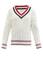 Ladies Rtw Thom Browne - Tricolour-stripe V-neck Cable-knit Cotton Sweater - Womens - White