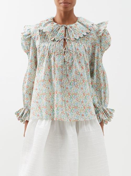 Horror Vacui - Defensia Floral-print Cotton-poplin Blouse - Womens - Blue Red