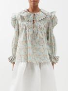 Horror Vacui - Defensia Floral-print Cotton-poplin Blouse - Womens - Blue Red