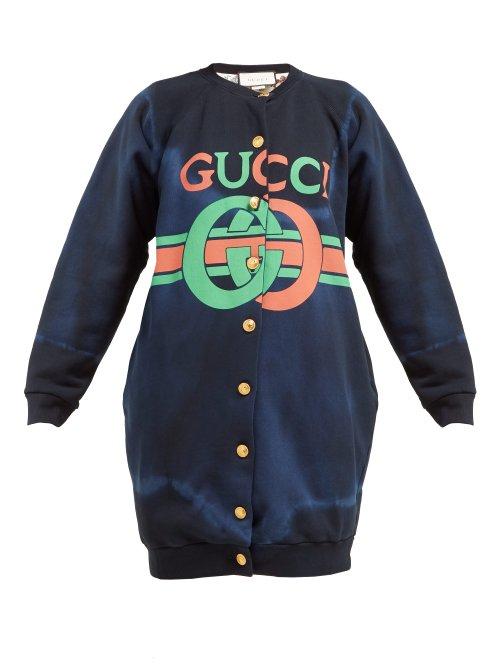 Matchesfashion.com Gucci - Logo Print Tie Dyed Cotton Buttoned Sweatshirt - Womens - Navy Multi