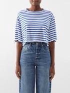 Frame - Striped Organic-linen Cropped T-shirt - Womens - Blue Stripe