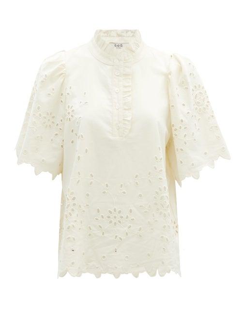 Matchesfashion.com Sea - Fern Broderie-anglaise Cotton-poplin Top - Womens - Cream