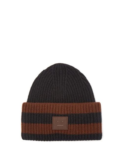 Acne Studios - Pansy Face Patch Striped Wool Beanie Hat - Mens - Black Brown