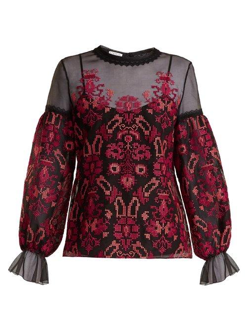 Matchesfashion.com Oscar De La Renta - Cross Stitch Embroidered Silk Organza Top - Womens - Black Multi