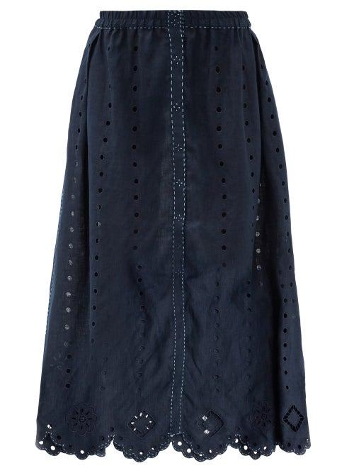 Matchesfashion.com Vita Kin - Charlie Broderie-anglaise Linen Midi Skirt - Womens - Navy