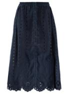 Matchesfashion.com Vita Kin - Charlie Broderie-anglaise Linen Midi Skirt - Womens - Navy
