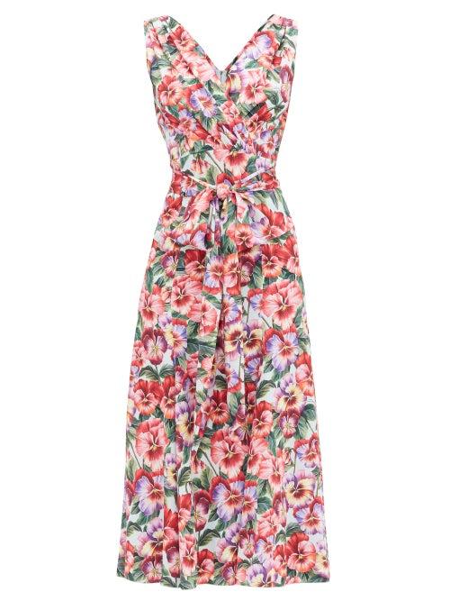 Matchesfashion.com Dolce & Gabbana - Tie-front Violet-print Silk-blend Midi Dress - Womens - Purple Print