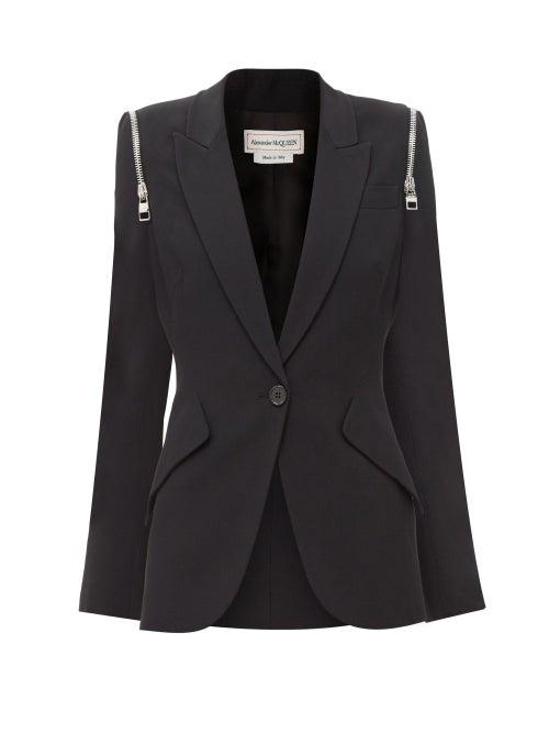 Alexander Mcqueen - Zip Peak Shoulder Leaf Crepe Blazer - Womens - Black