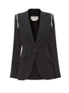 Alexander Mcqueen - Zip Peak Shoulder Leaf Crepe Blazer - Womens - Black