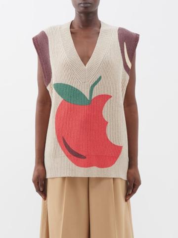 Jw Anderson - Oversized Apple-print Wool Sweater Vest - Womens - Beige Multi