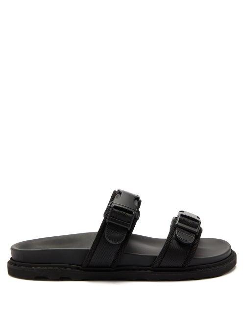 Matchesfashion.com Bottega Veneta - Logo Jacquard Buckled Canvas And Leather Slides - Mens - Black