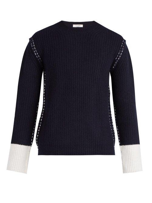 Matchesfashion.com Valentino - Contrast Cuff Wool And Cashmere Knit Sweater - Mens - Navy