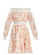 Matchesfashion.com Giambattista Valli - Petal Print Silk Chiffon Off The Shoulder Dress - Womens - White Multi