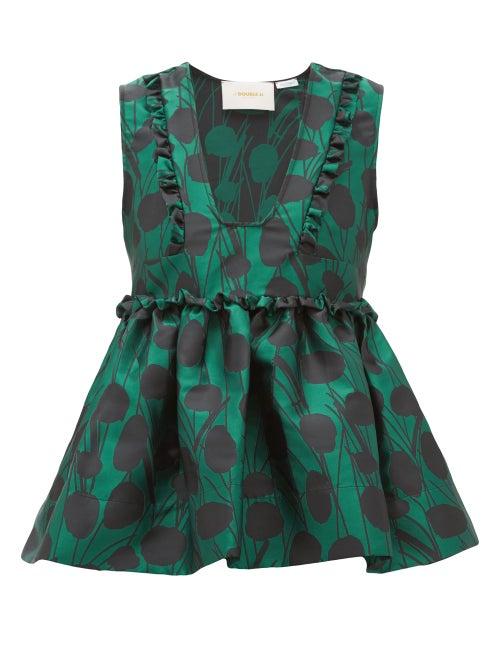 Matchesfashion.com La Doublej - Casati Peplum Satin Jacquard Top - Womens - Green Print
