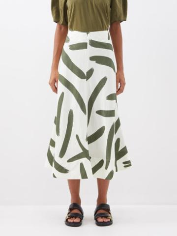 Lee Mathews - Ava Brushstroke-print Voile Midi Skirt - Womens - White Green