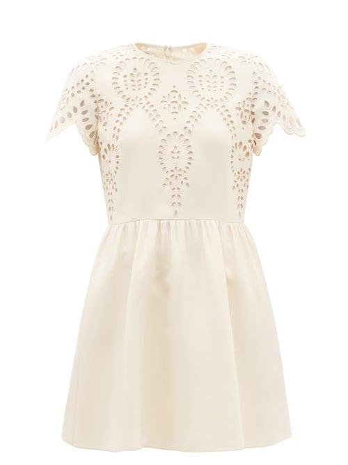 Ladies Rtw Valentino - Sangallo-embroidered Wool-blend Crepe Minidress - Womens - Ivory