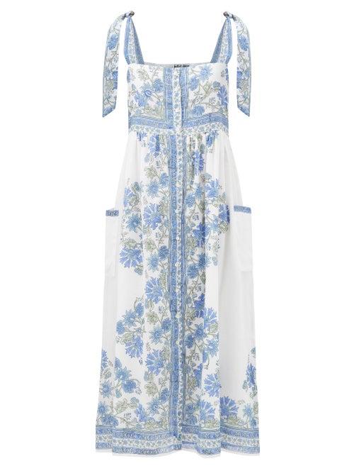Juliet Dunn - Tie-strap Floral-print Cotton Dress - Womens - White Blue