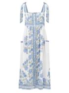 Juliet Dunn - Tie-strap Floral-print Cotton Dress - Womens - White Blue
