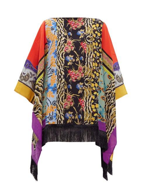 Matchesfashion.com Etro - Patchwork Print Fringed Hem Silk Poncho - Womens - Multi
