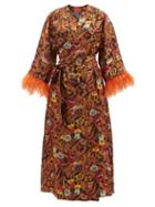 La Doublej - Boudoir Feather-trim Silk Wrap Midi Dress - Womens - Multi