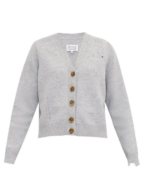 Maison Margiela - Distressed V-neck Knitted Cardigan - Womens - Light Grey