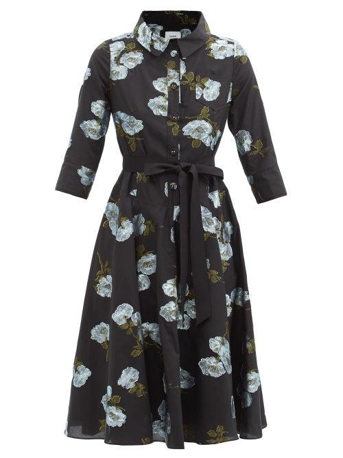 Erdem - Margot Floral-embroidered Midi Shirt Dress - Womens - Black Blue