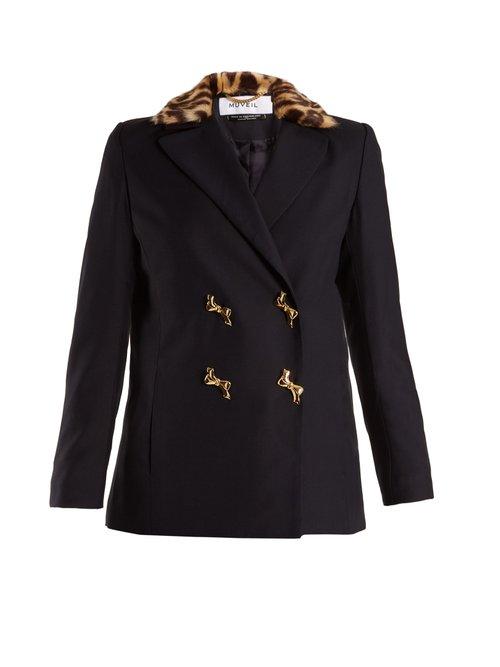 Matchesfashion.com Muveil - Double Breasted Leopard Print Collar Woven Jacket - Womens - Navy