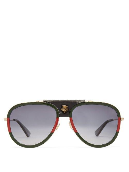 Matchesfashion.com Gucci - Web Striped Aviator Sunglasses - Mens - Green