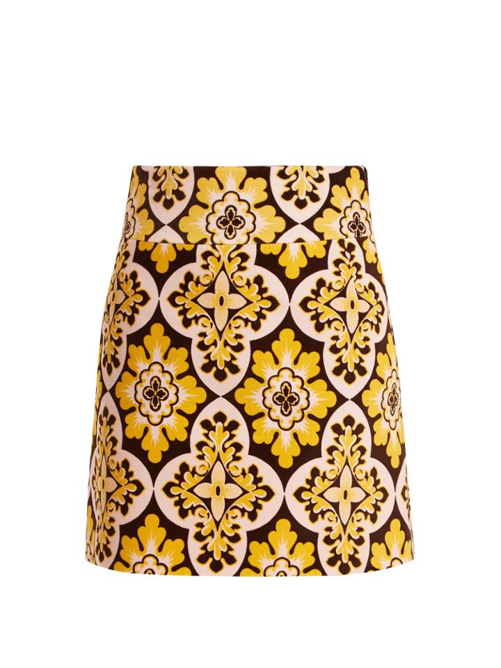 La Doublej Editions Tile-print A-line Cotton-velvet Mini Skirt