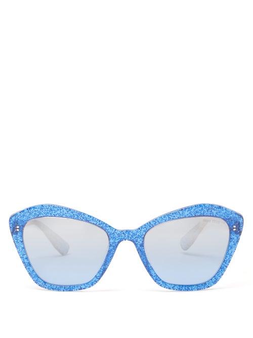Matchesfashion.com Miu Miu - Glittered Square Cat Eye Acetate Sunglasses - Womens - Blue