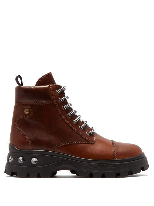 Matchesfashion.com Miu Miu - Crystal Heel Lace Up Leather Boots - Womens - Tan