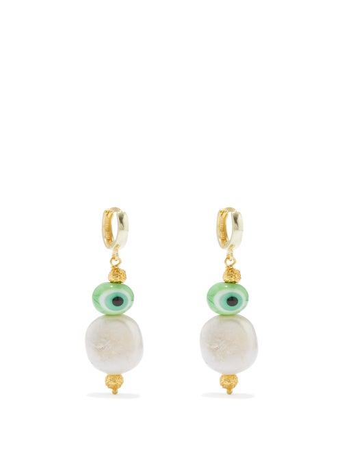 Tohum - Evil Eye Glass, 24kt Gold-plated & Pearl Earrings - Womens - Green Multi