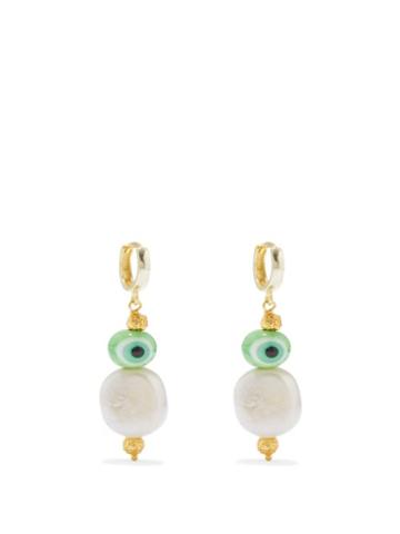 Tohum - Evil Eye Glass, 24kt Gold-plated & Pearl Earrings - Womens - Green Multi
