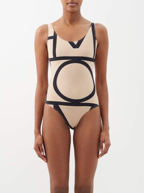Toteme - Monogram-print Recycled-fibre Swimsuit - Womens - Beige Black
