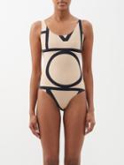 Toteme - Monogram-print Recycled-fibre Swimsuit - Womens - Beige Black