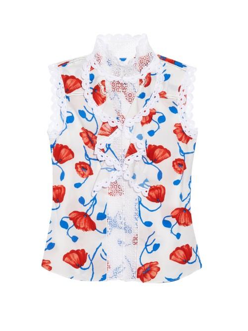 Oscar De La Renta Macram-lace Trim Poppy-print Blouse
