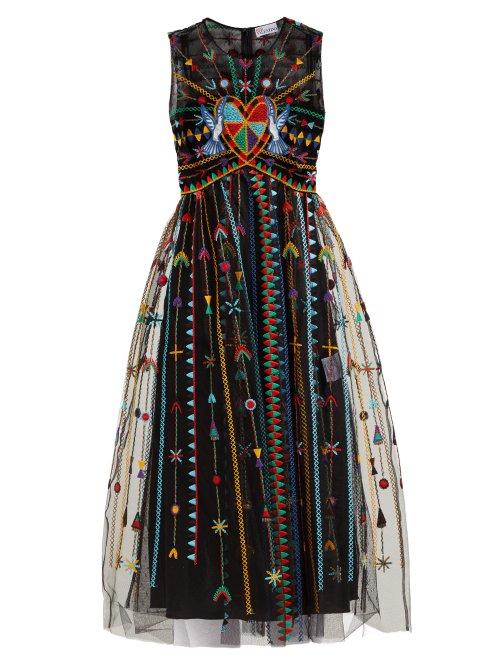 Matchesfashion.com Redvalentino - Embroidered Tulle Midi Dress - Womens - Black Multi