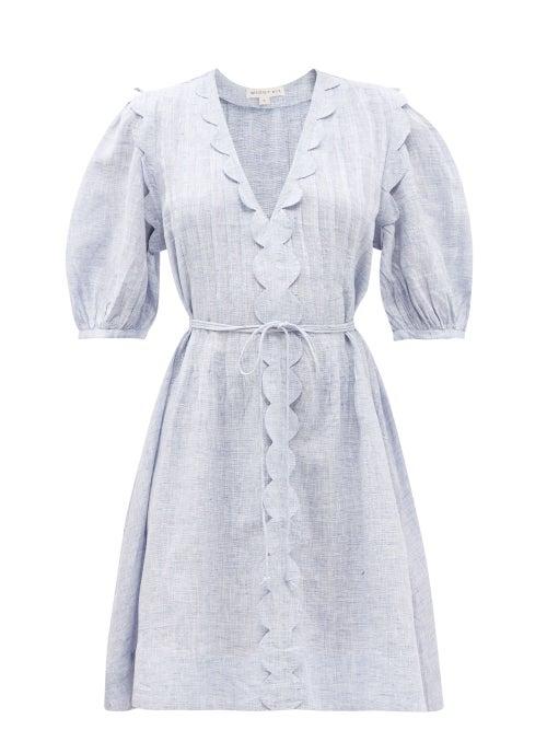 Matchesfashion.com Wiggy Kit - Martha Scalloped-trim Linen-chambray Dress - Womens - Blue