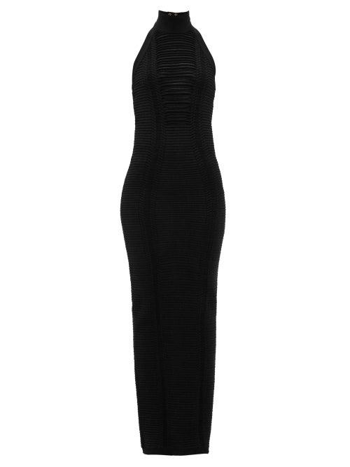 Matchesfashion.com Balmain - Zipped Halterneck Fagoted-stripe Maxi Dress - Womens - Black