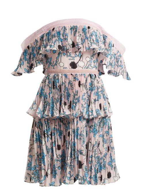 Matchesfashion.com Self-portrait - Pleated Off The Shoulder Floral Print Mini Dress - Womens - Pink Multi