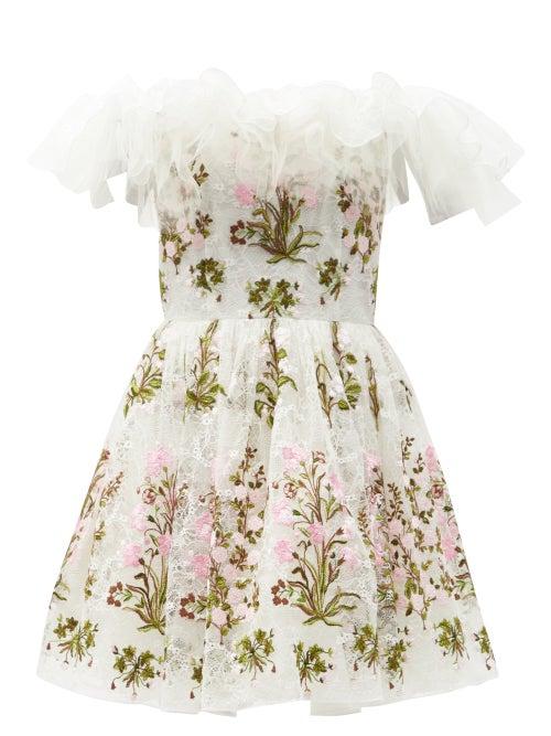 Matchesfashion.com Giambattista Valli - Off-the-shoulder Floral-tulle Mini Dress - Womens - White Multi