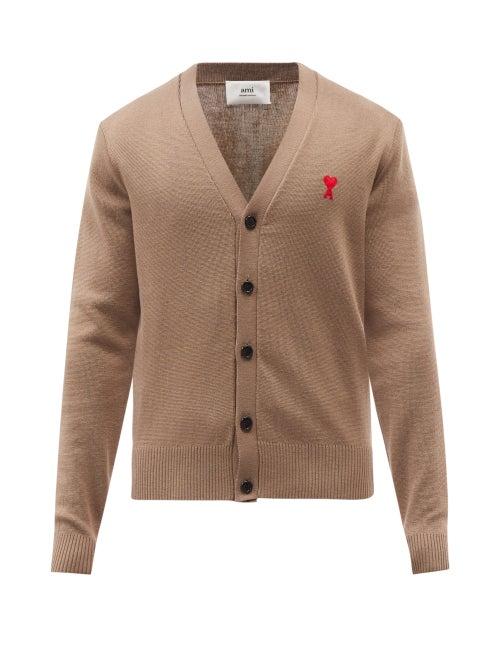 Ami - Ami De Coeur Logo-embroidered Merino Cardigan - Mens - Beige