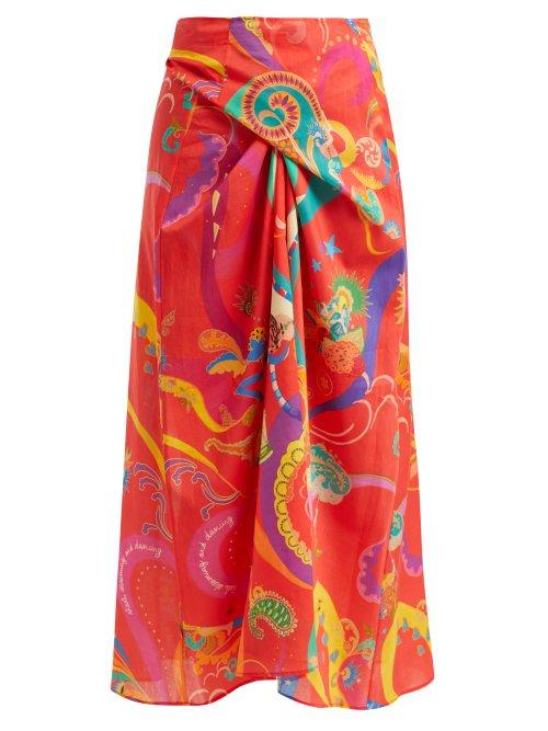 Matchesfashion.com Etro - Abstract Print Cotton Wrap Midi Skirt - Womens - Red