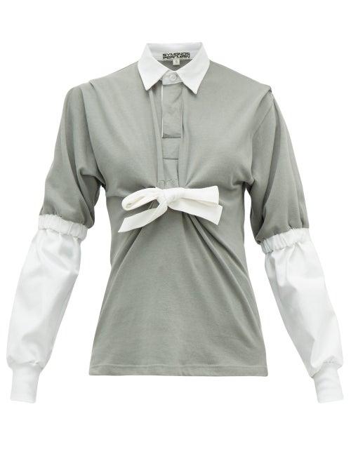 Matchesfashion.com Symonds Pearmain - Contrast Sleeve Tie Front Cotton Jersey Rugby Top - Womens - Grey