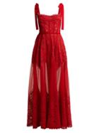 Matchesfashion.com Elie Saab - Polka Dot Tulle And Chantilly Lace Gown - Womens - Red