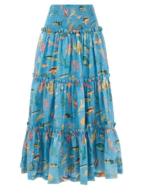 Ale Mais - Otto Aquatic-print Banded Cotton-poplin Skirt - Womens - Blue Print